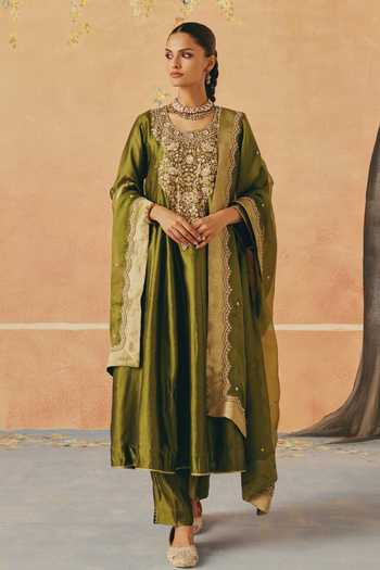 Buy_Pink City By Sarika_Green Silk, Organza, Chanderi Round Neck Bagh-e-mehndi Anarkali Set _Online_at_Aza_Fashions