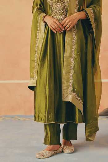Shop_Pink City By Sarika_Green Silk, Organza, Chanderi Round Neck Bagh-e-mehndi Anarkali Set _Online_at_Aza_Fashions