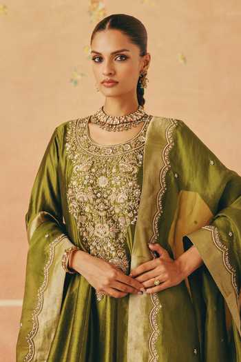 Pink City By Sarika_Green Silk, Organza, Chanderi Round Neck Bagh-e-mehndi Anarkali Set _at_Aza_Fashions