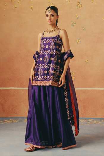 Pink City By Sarika_Purple Silk, Organza, Chanderi Square Jamun Gul Embroidered Kurta Sharara Set _Online_at_Aza_Fashions