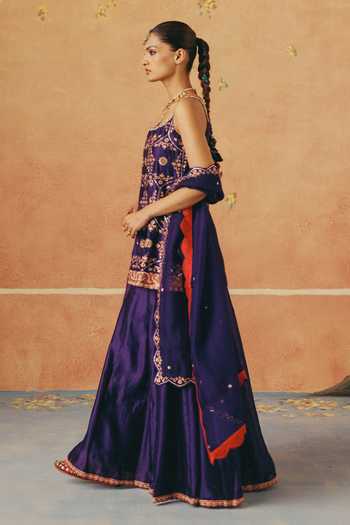 Shop_Pink City By Sarika_Purple Silk, Organza, Chanderi Square Jamun Gul Embroidered Kurta Sharara Set _Online_at_Aza_Fashions