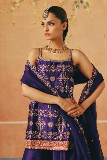 Pink City By Sarika_Purple Silk, Organza, Chanderi Square Jamun Gul Embroidered Kurta Sharara Set _at_Aza_Fashions