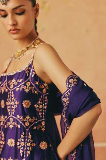 Buy_Pink City By Sarika_Purple Silk, Organza, Chanderi Square Jamun Gul Embroidered Kurta Sharara Set 