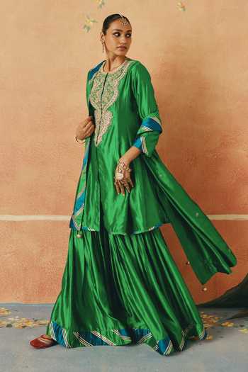 Pink City By Sarika_Green Silk, Chanderi Round Neck, Yes Neelgiri Gota Work Kurta Sharara Set _Online_at_Aza_Fashions