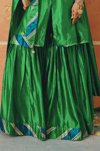Buy_Pink City By Sarika_Green Silk, Chanderi Round Neck, Yes Neelgiri Gota Work Kurta Sharara Set _Online_at_Aza_Fashions