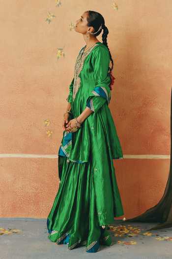 Shop_Pink City By Sarika_Green Silk, Chanderi Round Neck, Yes Neelgiri Gota Work Kurta Sharara Set _Online_at_Aza_Fashions