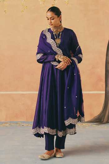 Pink City By Sarika_Purple Silk, Organza, Chanderi Round Neck Jhoom Embroidered Anarkali Set _Online_at_Aza_Fashions
