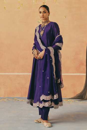 Buy_Pink City By Sarika_Purple Silk, Organza, Chanderi Round Neck Jhoom Embroidered Anarkali Set _Online_at_Aza_Fashions