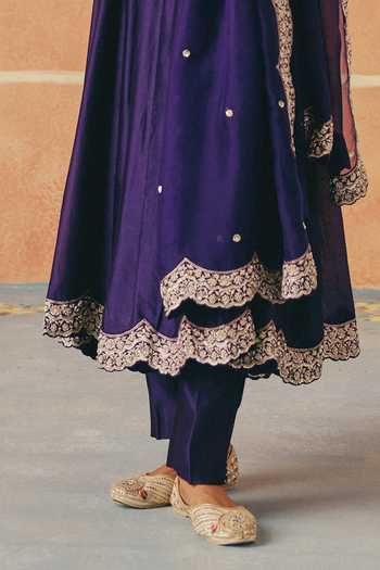 Shop_Pink City By Sarika_Purple Silk, Organza, Chanderi Round Neck Jhoom Embroidered Anarkali Set _Online_at_Aza_Fashions