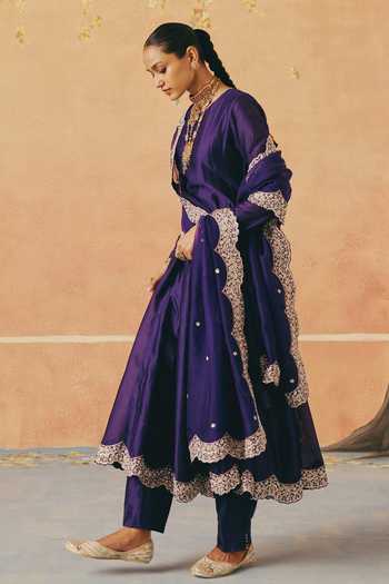 Pink City By Sarika_Purple Silk, Organza, Chanderi Round Neck Jhoom Embroidered Anarkali Set _at_Aza_Fashions
