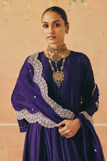 Buy_Pink City By Sarika_Purple Silk, Organza, Chanderi Round Neck Jhoom Embroidered Anarkali Set 