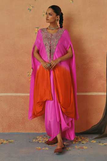 Pink City By Sarika_Pink Silk Sweetheart , Open Rang Leher Embroidered Cape Skirt Set _Online_at_Aza_Fashions