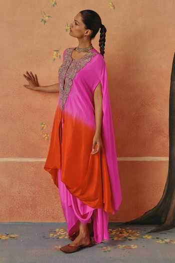 Buy_Pink City By Sarika_Pink Silk Sweetheart , Open Rang Leher Embroidered Cape Skirt Set _Online_at_Aza_Fashions