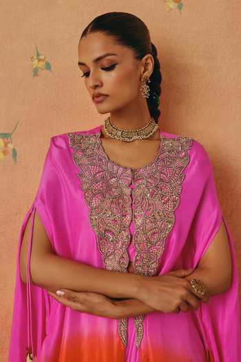 Shop_Pink City By Sarika_Pink Silk Sweetheart , Open Rang Leher Embroidered Cape Skirt Set _Online_at_Aza_Fashions