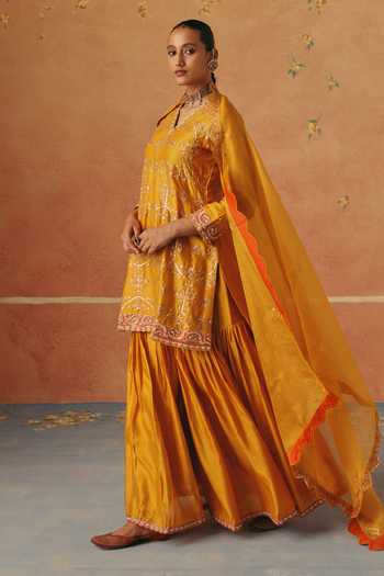 Pink City By Sarika_Yellow Silk, Organza, Chanderi V-neck, Marigold Embroidered Kurta Sharara Set _Online_at_Aza_Fashions