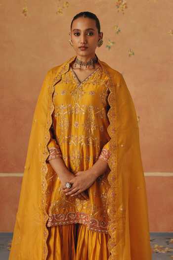 Buy_Pink City By Sarika_Yellow Silk, Organza, Chanderi V-neck, Marigold Embroidered Kurta Sharara Set _Online_at_Aza_Fashions