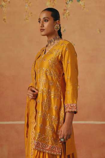 Shop_Pink City By Sarika_Yellow Silk, Organza, Chanderi V-neck, Marigold Embroidered Kurta Sharara Set _Online_at_Aza_Fashions
