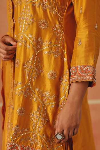 Pink City By Sarika_Yellow Silk, Organza, Chanderi V-neck, Marigold Embroidered Kurta Sharara Set _at_Aza_Fashions