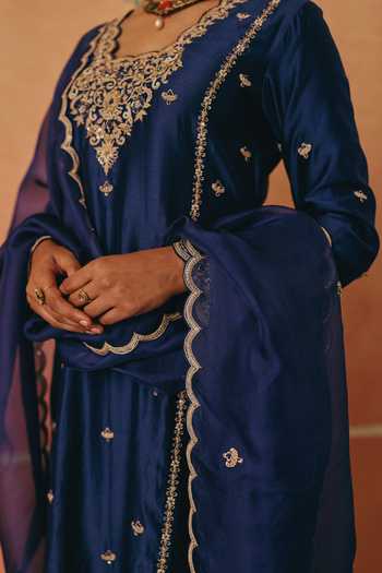 Shop_Pink City By Sarika_Blue Silk, Organza, Chanderi Yes Neelam Nazakat Embroidered Kurta Set _Online_at_Aza_Fashions