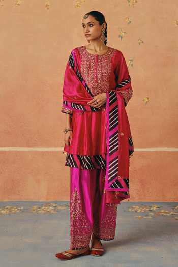 Pink City By Sarika_Pink Silk, Chanderi Round Neck Leheriya Pattern Layered Anarkali Set _Online_at_Aza_Fashions