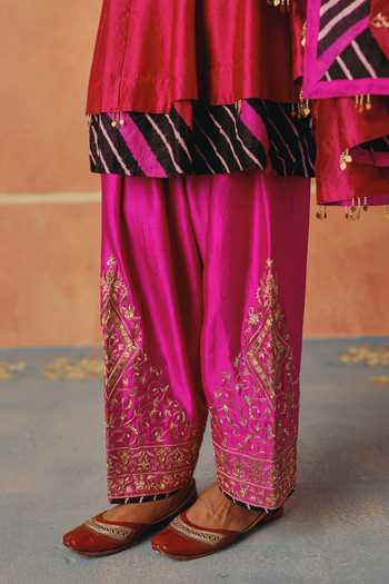 Shop_Pink City By Sarika_Pink Silk, Chanderi Round Neck Leheriya Pattern Layered Anarkali Set _Online_at_Aza_Fashions