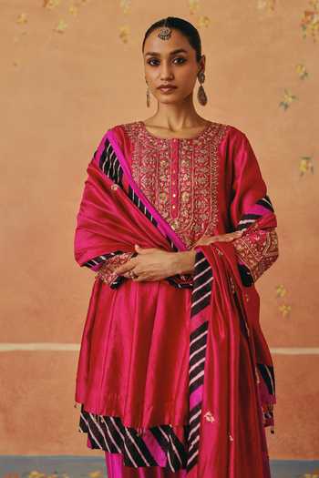Pink City By Sarika_Pink Silk, Chanderi Round Neck Leheriya Pattern Layered Anarkali Set _at_Aza_Fashions
