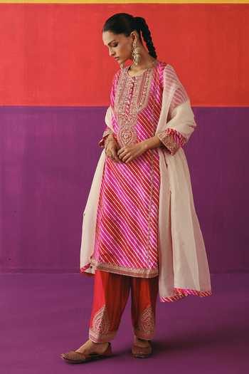 Pink City By Sarika_Pink Silk, Organza, Chanderi, Tussar Round Gulnaar Leheriya Pattern Kurta Set _Online_at_Aza_Fashions
