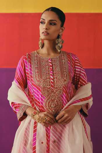 Buy_Pink City By Sarika_Pink Silk, Organza, Chanderi, Tussar Round Gulnaar Leheriya Pattern Kurta Set _Online_at_Aza_Fashions