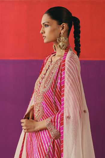 Shop_Pink City By Sarika_Pink Silk, Organza, Chanderi, Tussar Round Gulnaar Leheriya Pattern Kurta Set _Online_at_Aza_Fashions