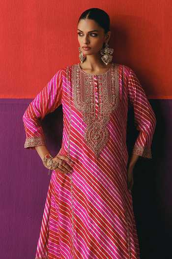 Pink City By Sarika_Pink Silk, Organza, Chanderi, Tussar Round Gulnaar Leheriya Pattern Kurta Set _at_Aza_Fashions