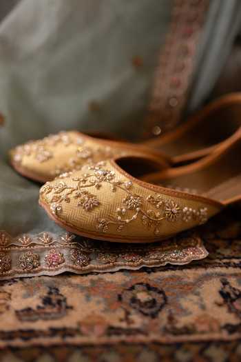 Shop_Coral Haze_Yellow Asharfi Hand Embroidered Juttis _Online_at_Aza_Fashions