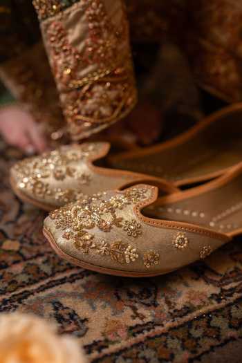 Shop_Coral Haze_Gold Sitara Hand Embroidered Juttis _Online_at_Aza_Fashions