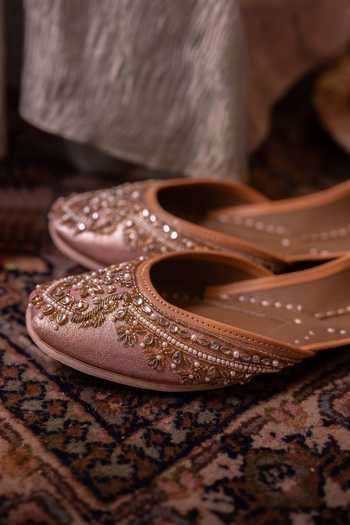 Buy_Coral Haze_Pink Farida Zardozi Hand Embroidered Juttis _Online_at_Aza_Fashions