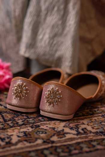 Shop_Coral Haze_Pink Farida Zardozi Hand Embroidered Juttis _Online_at_Aza_Fashions
