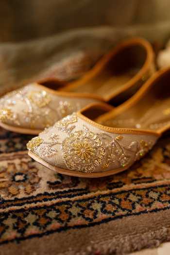 Shop_Coral Haze_Grey Gauhar Sequins Hand Embroidered Juttis _Online_at_Aza_Fashions