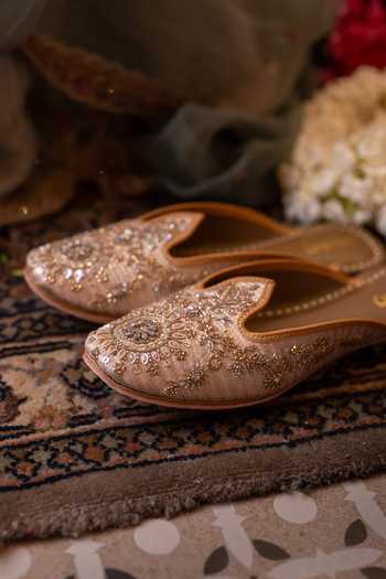 Buy_Coral Haze_Peach Nazish Embroidered Open Back Juttis _Online_at_Aza_Fashions