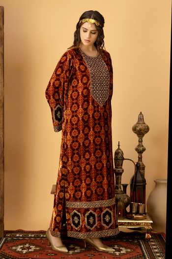 Shop_Afriya_Maroon Silk, Velvet Round Neck Zar-e-makhmal Long Kaftan _Online_at_Aza_Fashions