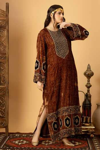 Shop_Afriya_Brown Silk, Velvet Round Neck Zar-e-makhmal Long Kaftan _Online_at_Aza_Fashions