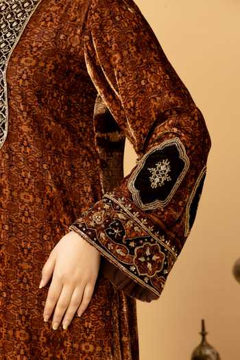 Afriya_Brown Silk, Velvet Round Neck Zar-e-makhmal Long Kaftan _at_Aza_Fashions