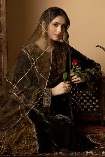Shop_Afriya_Green , Velvet, Organza Round Neck Zar-e-makhmal Kali Kurta Set 