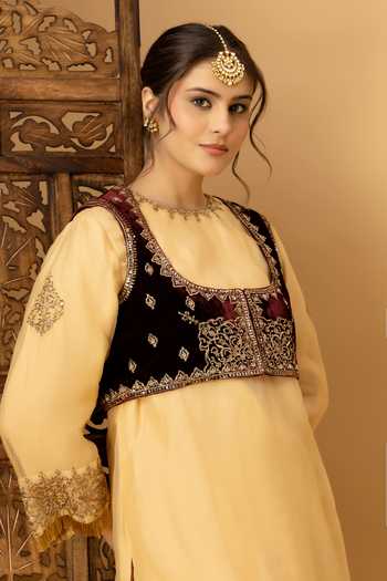 Shop_Afriya_Maroon Silk, Velvet Round Neck Zar-e-makhmal Short Jacket _Online_at_Aza_Fashions