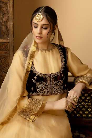 Afriya_Maroon Silk, Velvet Round Neck Zar-e-makhmal Short Jacket _at_Aza_Fashions