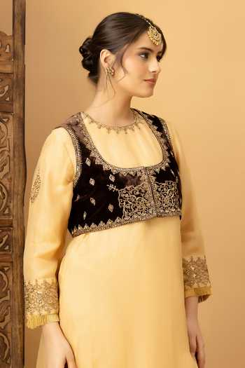 Buy_Afriya_Brown Silk, Velvet Round Neck Zar-e-makhmal Short Jacket _Online_at_Aza_Fashions