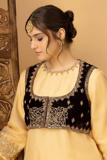 Shop_Afriya_Brown Silk, Velvet Round Neck Zar-e-makhmal Short Jacket _Online_at_Aza_Fashions