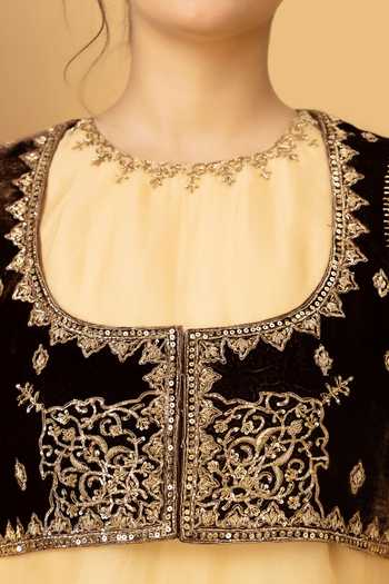 Afriya_Brown Silk, Velvet Round Neck Zar-e-makhmal Short Jacket _at_Aza_Fashions