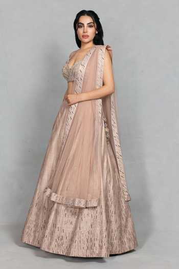 Bohame_Rose Gold Raw Silk Sweetheart Neck Zarkashi Embellished Blouse Lehenga Set _Online_at_Aza_Fashions