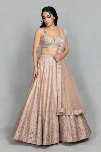 Buy_Bohame_Rose Gold Raw Silk Sweetheart Neck Zarkashi Embellished Blouse Lehenga Set _Online_at_Aza_Fashions