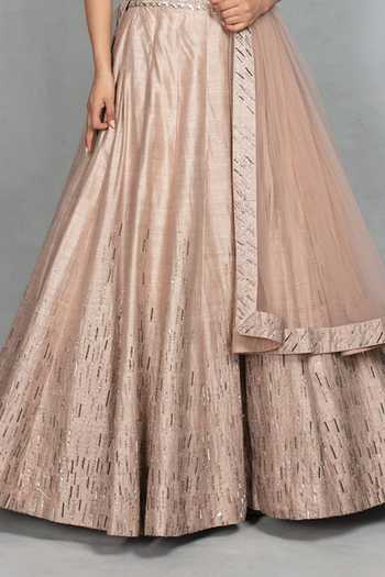 Shop_Bohame_Rose Gold Raw Silk Sweetheart Neck Zarkashi Embellished Blouse Lehenga Set _Online_at_Aza_Fashions