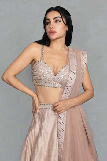 Bohame_Rose Gold Raw Silk Sweetheart Neck Zarkashi Embellished Blouse Lehenga Set _at_Aza_Fashions