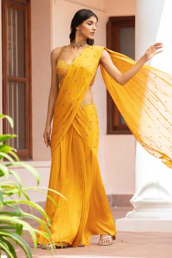 Bohame Aveline Pre-Draped Satin Chiffon Saree With Blouse